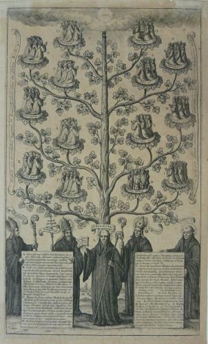 Benedetto, Dunstan, Gregorio Magno, Agostino e Cuthbertus con l'albero gerarchico