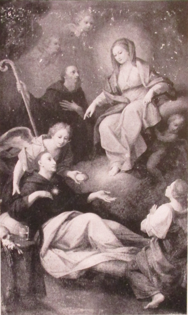 Agostino e la Vergine offrono il pane della guarigione a san Nicola da Tolentino