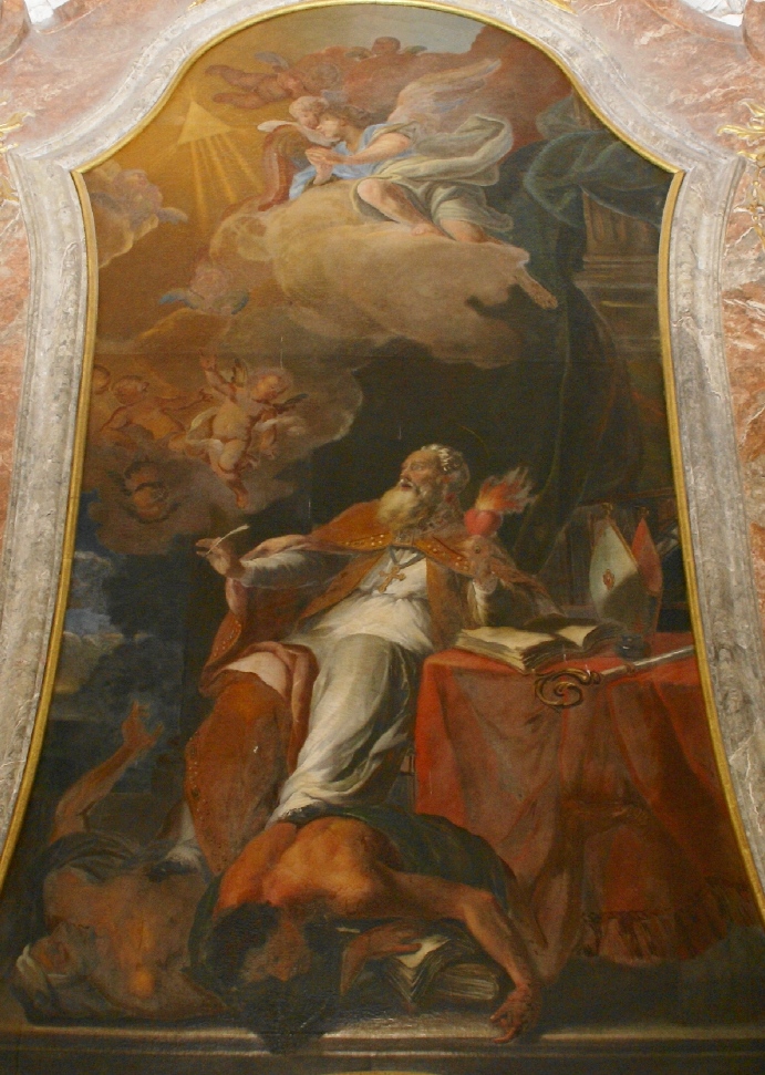 Agostino vescovo e cardioforo abbatte le eresie