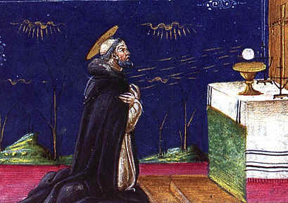 Agostino monaco in preghiera davanti all'Eucarestia di Tommaso da Modena