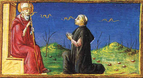Agostino in trono parla con un suo monaco in preghiera di Tommaso da Modena
