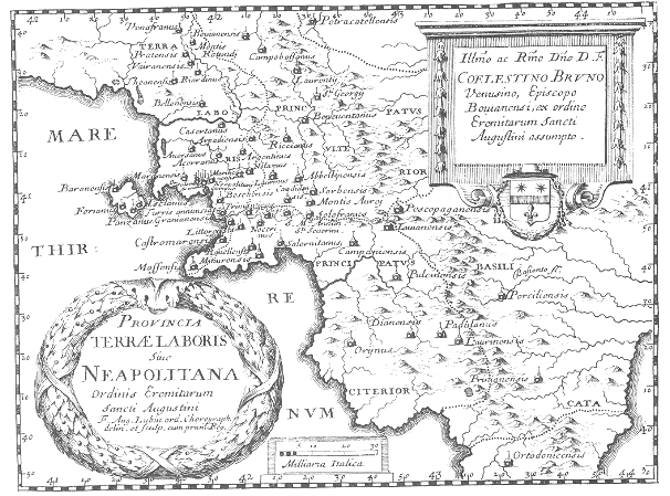 Stampa di Lubin: mappa dei conventi agostiniani nella Terra del Lavoro di Napoli