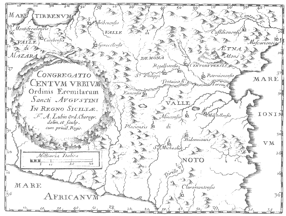 Stampa di Lubin: mappa dei conventi agostiniani nella Congregazione delle Cento Citt in Sicilia