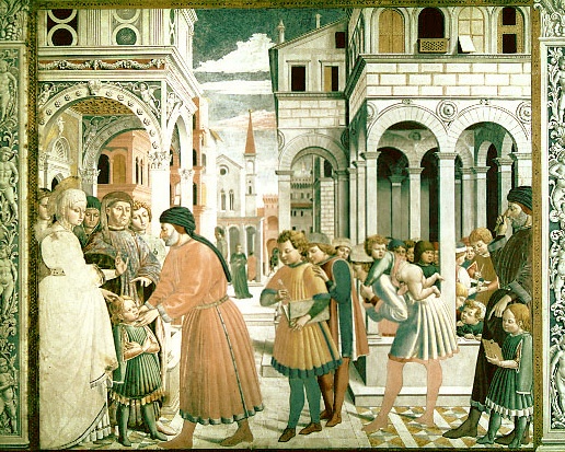 Agostino presentato al Maestro dai suoi genitori in un affresco di Benozzo Gozzoli