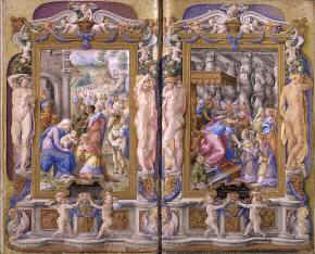 Farnese Hours, in Latin Illuminated by Giulio Clovio (1498–1578) Adoration of the Magi and Solomon Adored by the Queen of Sheba Italy, Rome, dated 1546, 6 3/4 x 4 3/8 inches (173 x 110 mm) Purchased by Pierpont Morgan, 1903, MS M.69, fols. 38v–39