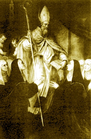 Agostino consegna la regola alle monache agostiniane: opera di Giulio Calvi, nella chiesa parrocchiale di Tidolo (Cremona)