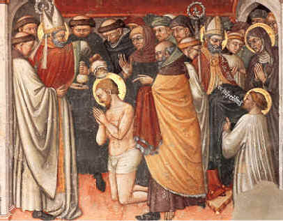 Battesimo e vestizione di Agostino: affresco di Ottaviano Nelli a Gubbio