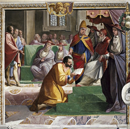 Matilde di Canossa mediante un suo legato, dona i suoi possessi di Toscana e Lombardia a papa Gregorio VII (1073-1085)