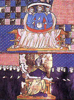 Agostino consegna la sua Regola, miniatura nel Ms. 91, Biblioteca di Tolosa del 1362