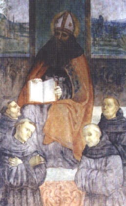 Agostino consegna la regola ai suoi monaci in un dipinto di Costa