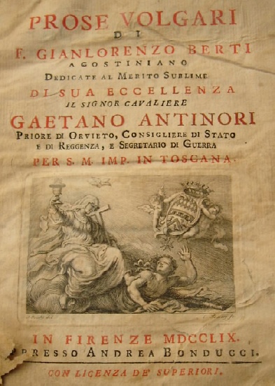 Immagine del frontespizio delle Prose Volgari di Gian Lorenzo Berti (Firenze 1759)