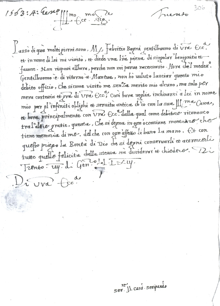 Lettera di ringraziamento di Gerolamo Seriprando alla Casa Gonzaga in data 4 gennaio 1563