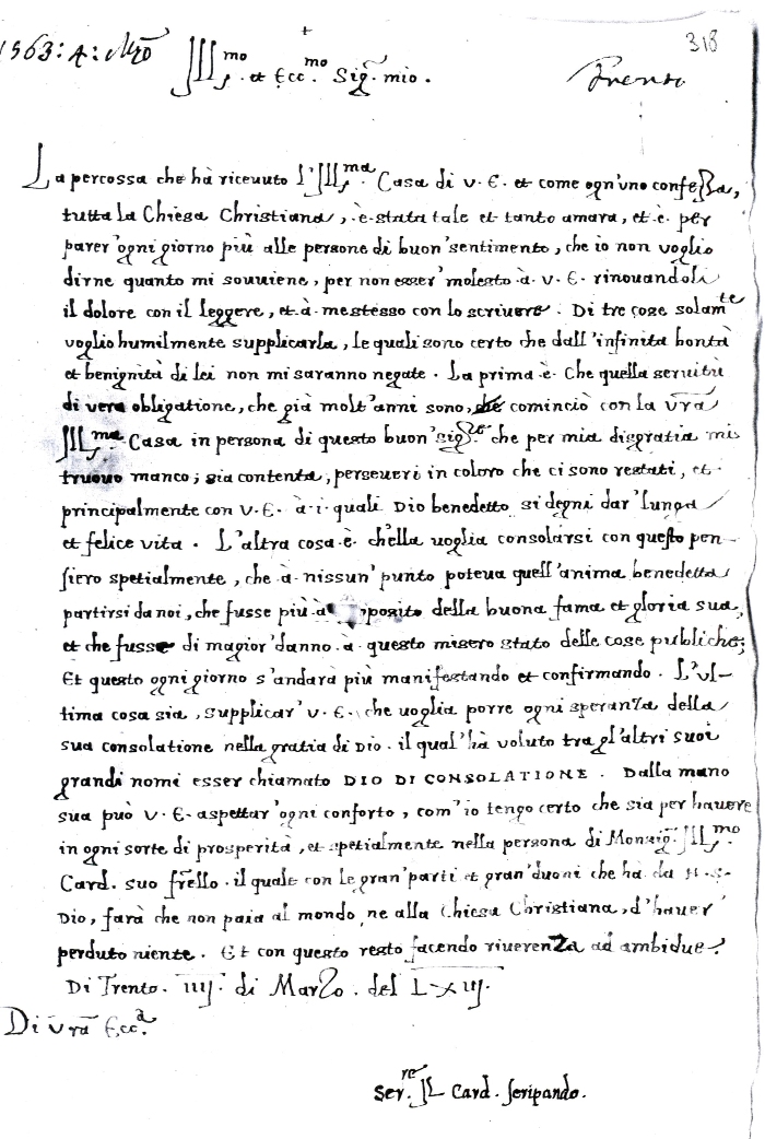 Lettera del 3 marzo 1563 a Mantova indirizzata al duca Guglielmo, in condoglianze per la morte del Cardinale Ercole Gonzaga, avvenuta il 2 marzo 1563