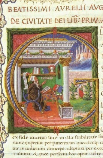 Agostino scrive la Citt di Dio in una miniatura medioevale