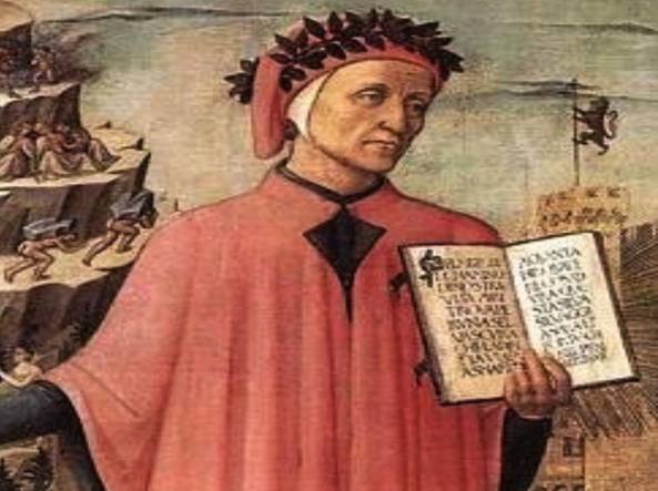 Immagine miniata di Dante con la sua Commedia