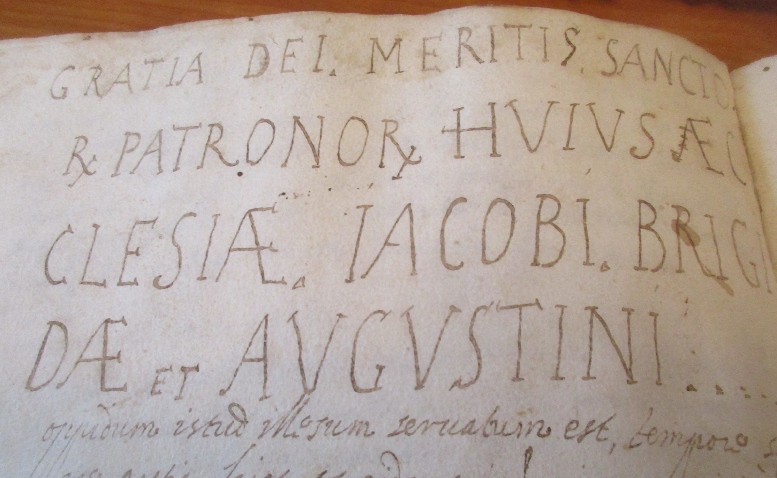 Incipit della pagina del Chronicon che proclama Agostino patrono di Cassago per aver salvato il paese dalla peste del 1630